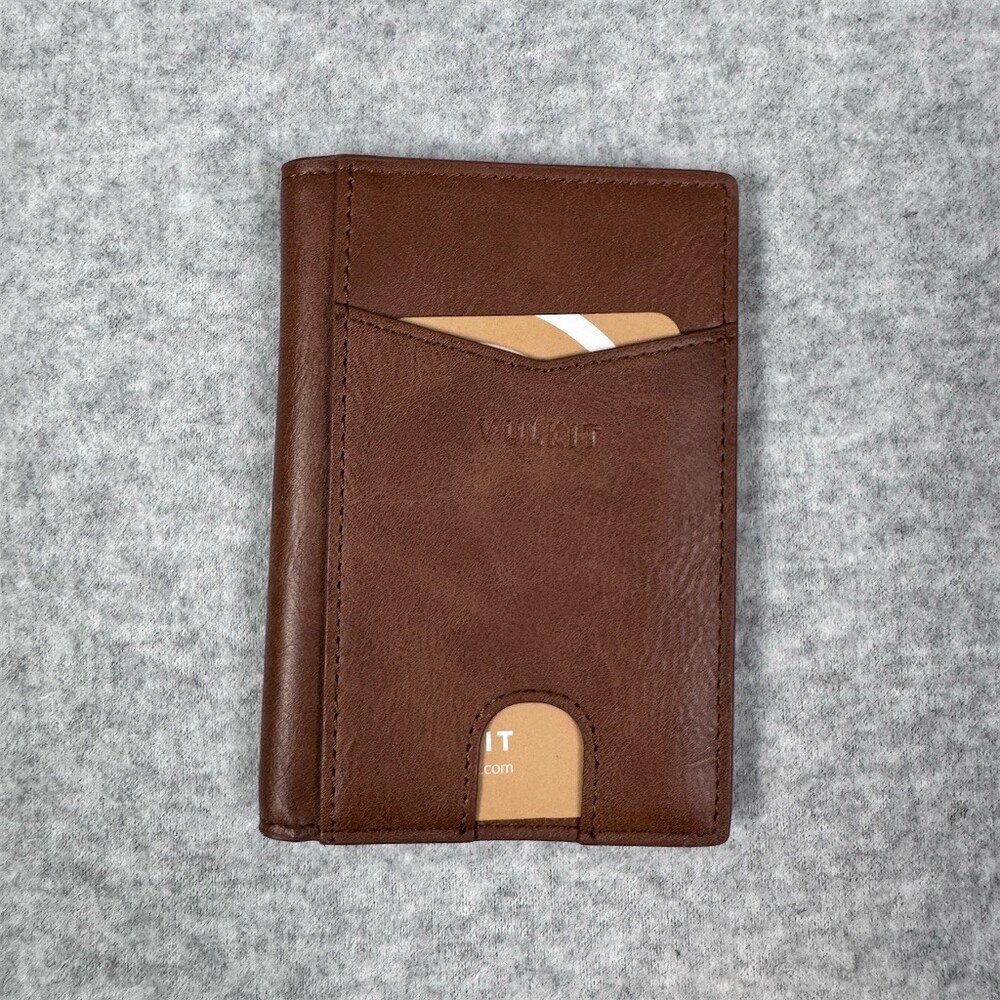 VULKIT Men's Slim Bifold Wallet Brown RFID Blocking Minimalist Card Holder